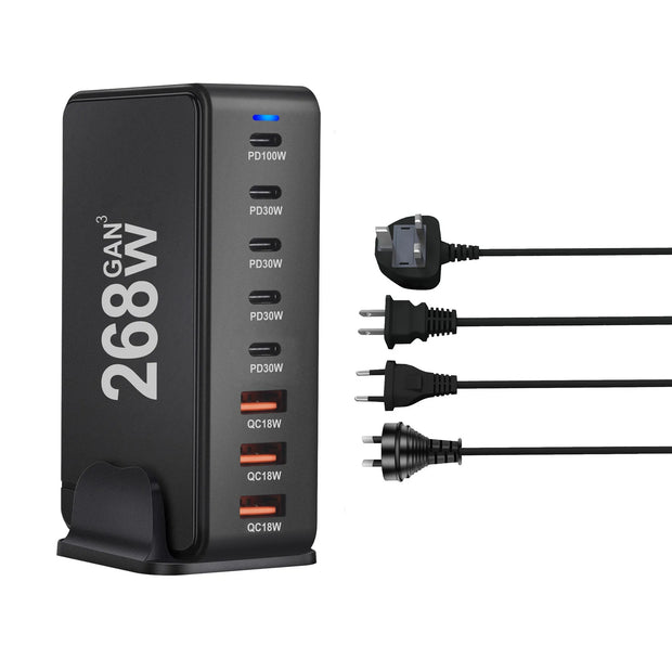 شاحن سريع متعدد المنافذ USB Type C بقوة 268 واط GaN مع منافذ متعددة PD QC4.0 شاحن سطح مكتب سريع شاحن هاتف محمول محول 100 واط