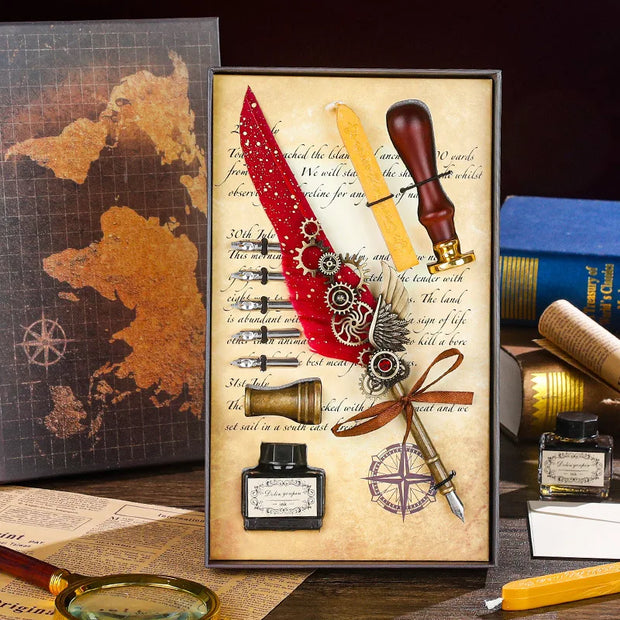 Vintage Style Splash Gold Quill Pen Gift Box Business Dip Pen Fire Seal Gift Box Set