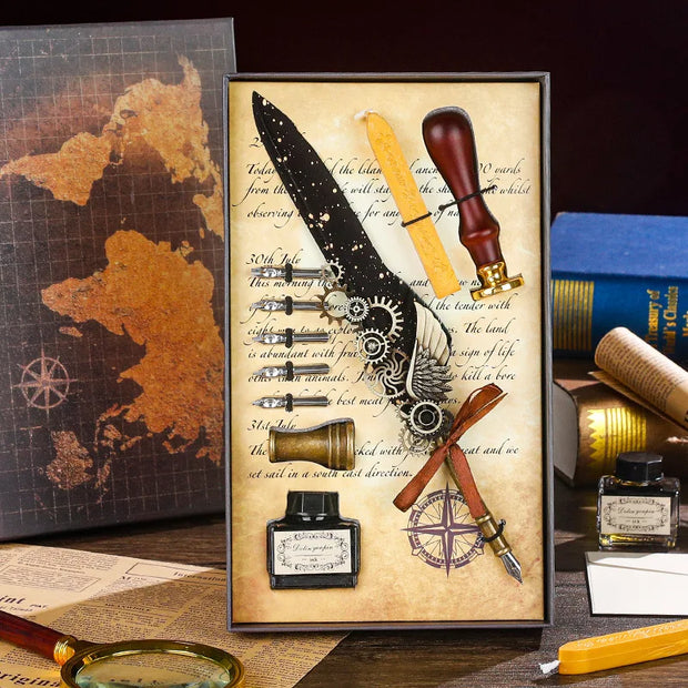 Vintage Style Splash Gold Quill Pen Gift Box Business Dip Pen Fire Seal Gift Box Set