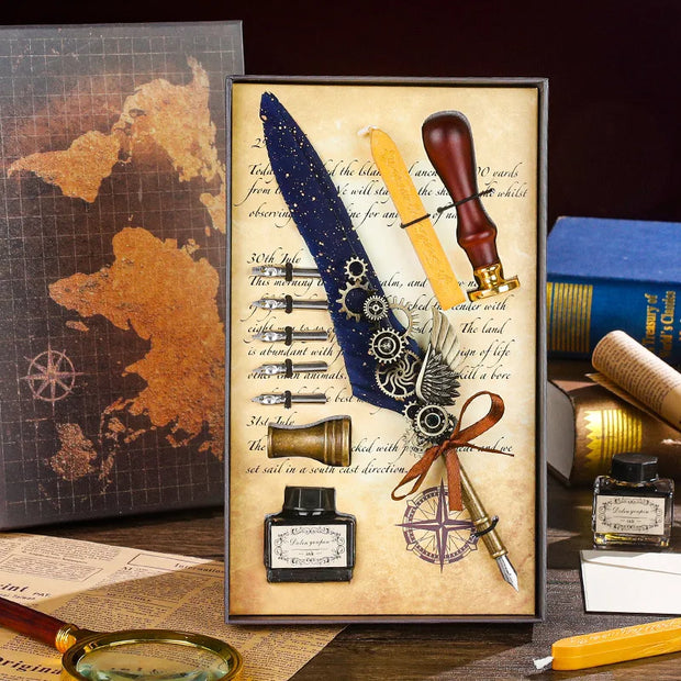 Vintage Style Splash Gold Quill Pen Gift Box Business Dip Pen Fire Seal Gift Box Set