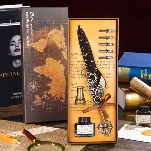 Vintage Style Splash Gold Quill Pen Gift Box Business Dip Pen Fire Seal Gift Box Set