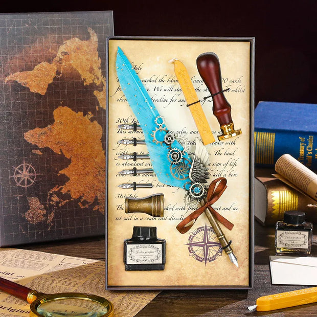 Vintage Style Splash Gold Quill Pen Gift Box Business Dip Pen Fire Seal Gift Box Set