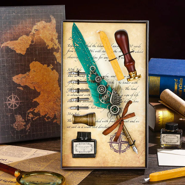 Vintage Style Splash Gold Quill Pen Gift Box Business Dip Pen Fire Seal Gift Box Set
