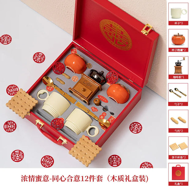 Premium high-end coffee machine cup with lid and spoon practical wedding gift bride engagement backing track