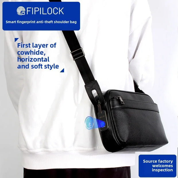Men's Fingerprint Lock Genuine Leather Crossbody Bag with Stylish Shoulder Bag for Men