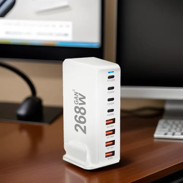 شاحن سريع متعدد المنافذ USB Type C بقوة 268 واط GaN مع منافذ متعددة PD QC4.0 شاحن سطح مكتب سريع شاحن هاتف محمول محول 100 واط