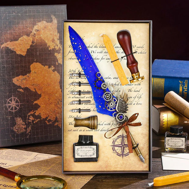 Vintage Style Splash Gold Quill Pen Gift Box Business Dip Pen Fire Seal Gift Box Set