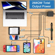 شاحن سريع متعدد المنافذ USB Type C بقوة 268 واط GaN مع منافذ متعددة PD QC4.0 شاحن سطح مكتب سريع شاحن هاتف محمول محول 100 واط