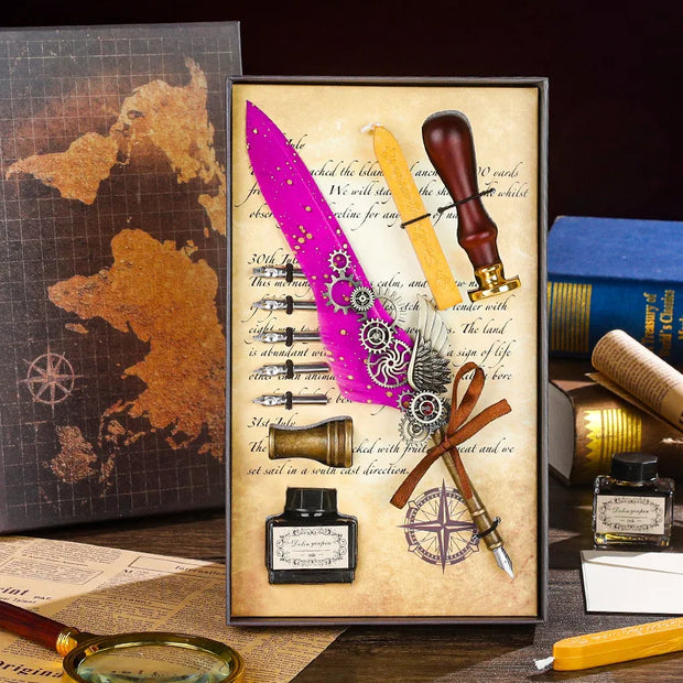 Vintage Style Splash Gold Quill Pen Gift Box Business Dip Pen Fire Seal Gift Box Set